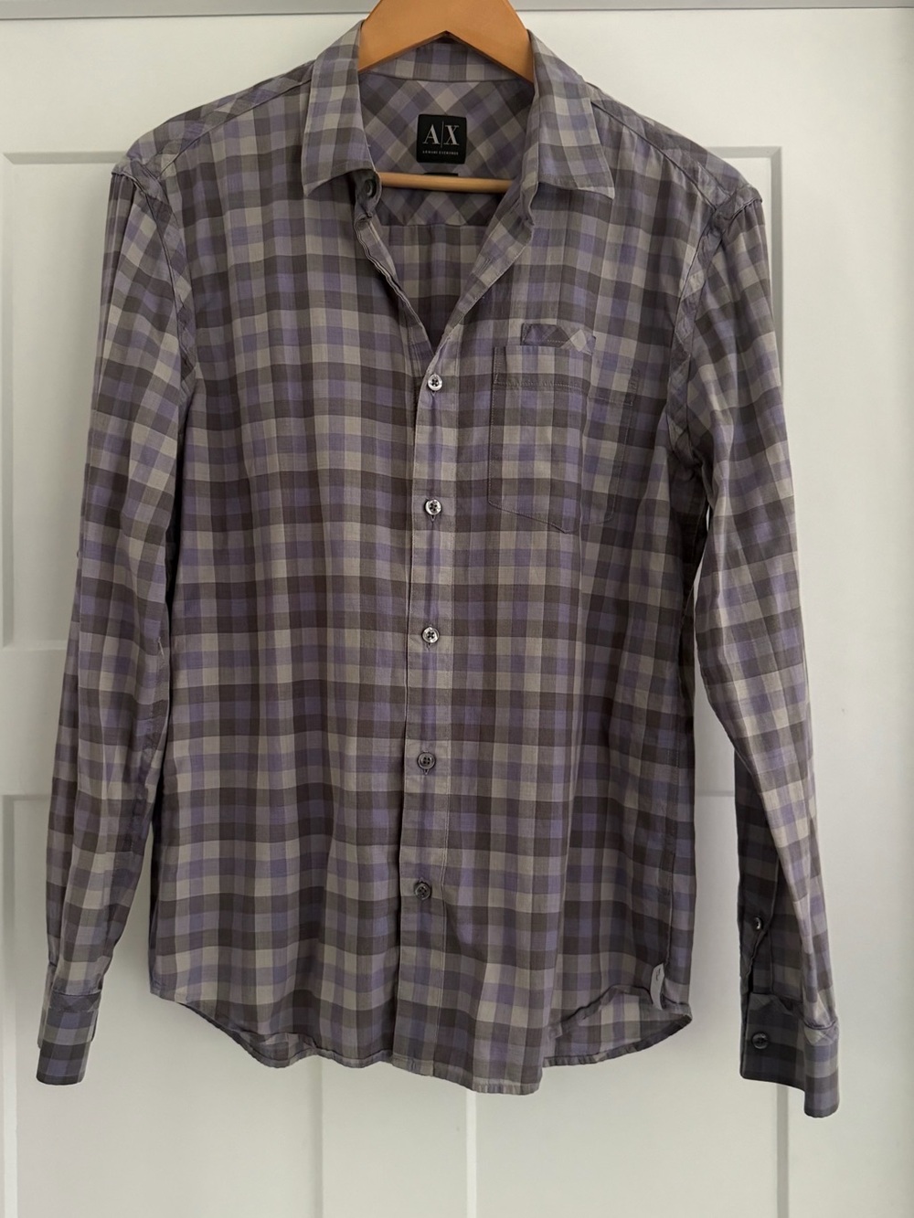 Armani Exchange Gray & Light Purple Plaid Button-Down Shirt